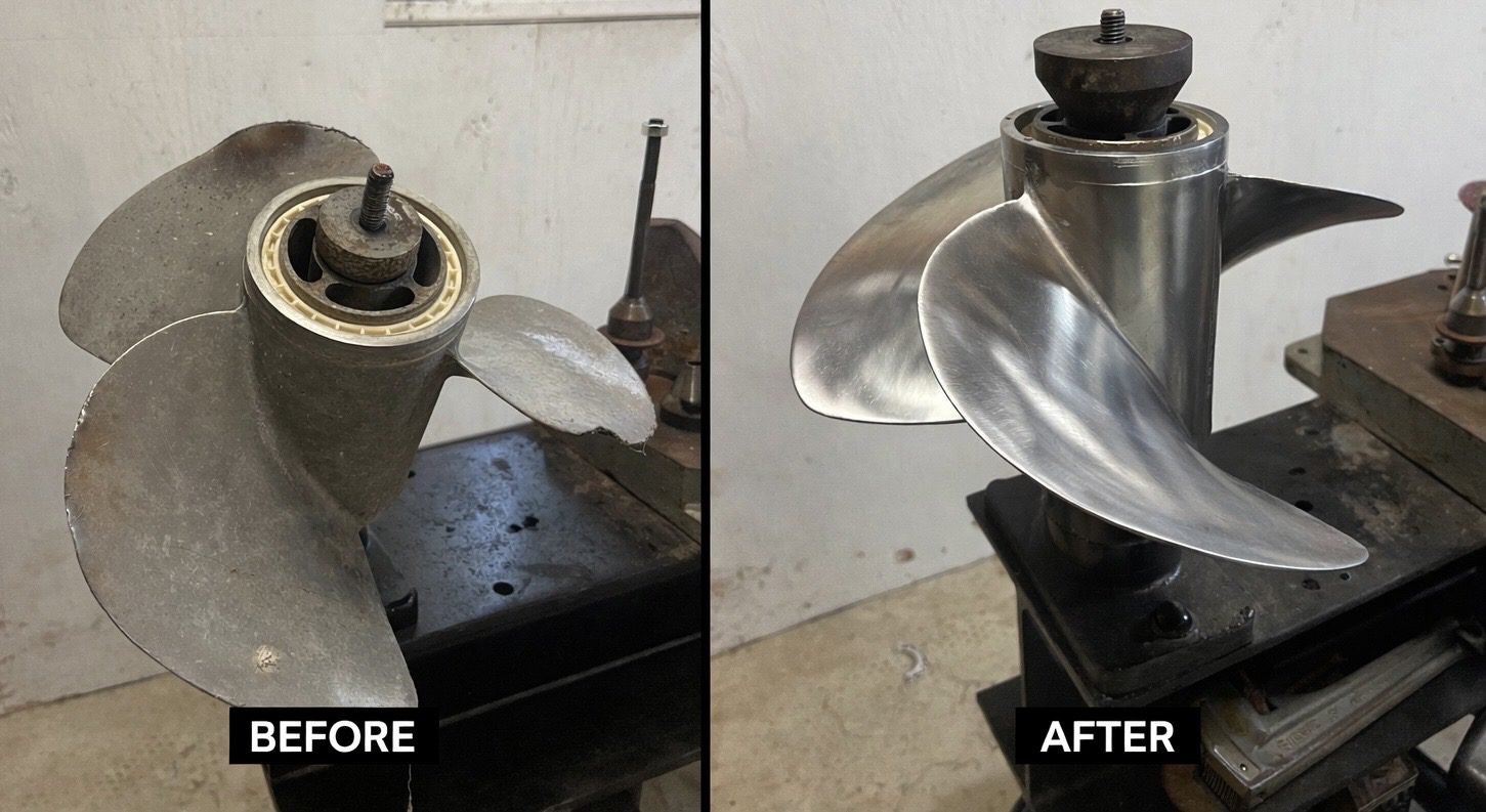 Before and after cleaning of a boat propeller showing significant improvement.