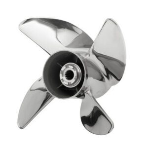 Shiny four-blade metal boat propeller with central hub.