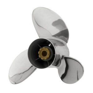 A three-blade metal boat propeller with a black hub.