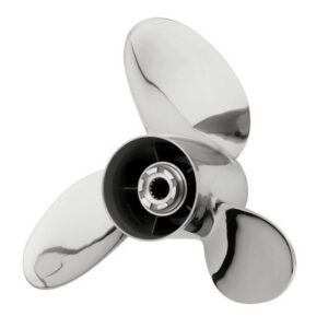 A shiny three-blade boat propeller with a black hub.