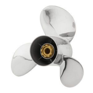 Three-blade stainless steel boat propeller with black hub.