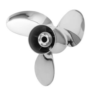 A shiny three-blade boat propeller with a polished metal finish.