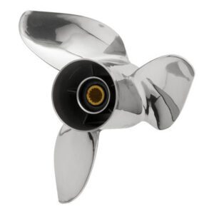 A shiny three-blade boat propeller with a black hub.