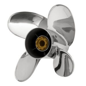 A polished three-blade boat propeller with a brass hub.