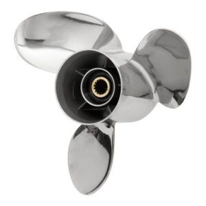 A shiny three-blade boat propeller with a central hub.