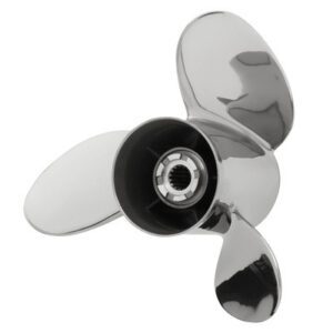 Shiny three-blade boat propeller with polished metal finish.