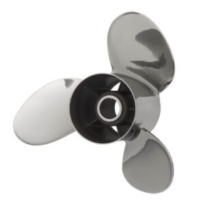 Shiny three-blade metal boat propeller with a protective hub cover.