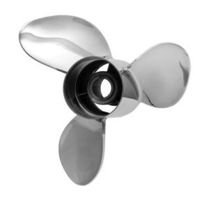 A shiny three-blade boat propeller.