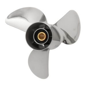 A three-blade metal boat propeller with a shiny finish.
