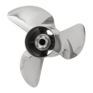A shiny three-blade boat propeller with a central hub.