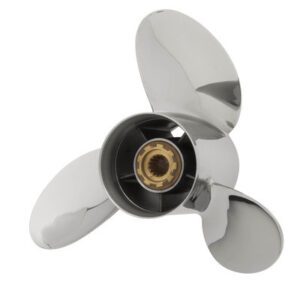 Three-blade boat propeller with polished metal finish.