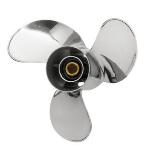 A shiny three-blade boat propeller with a central hub.