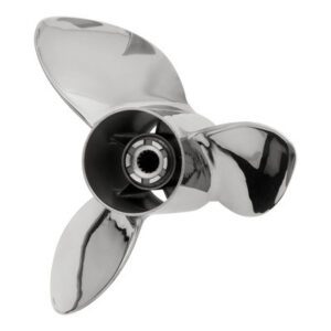 A shiny three-blade boat propeller with a black hub.