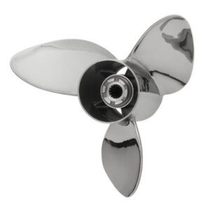 A shiny three-blade boat propeller with a black hub.