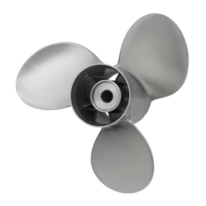 A metallic boat propeller with three blades.
