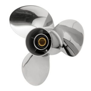 A shiny three-blade boat propeller with a central hub.