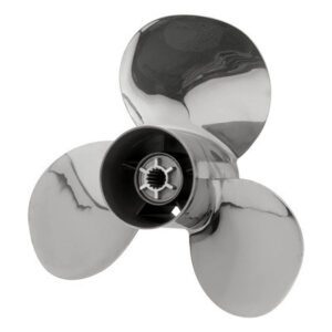 Silver three-blade boat propeller with central hub.