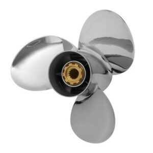 A shiny three-blade metal boat propeller with a brass hub.