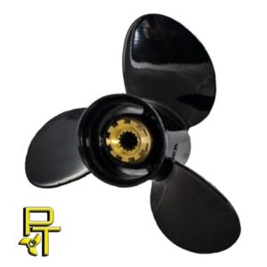Black three-blade boat propeller with gold center hub.