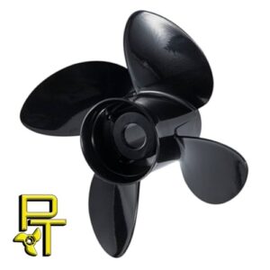 Black four-blade boat propeller with curved blades.