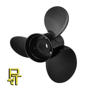 Black three-blade boat propeller with a central hub.