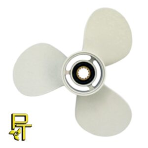 Three-blade boat propeller with a metallic finish.