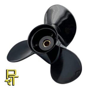 Black three-blade boat propeller with central hub.