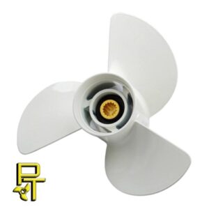 A white three-blade boat propeller with a central hub.