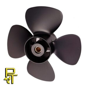 Black four-blade boat propeller with PT logo.