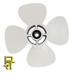 White three-blade fan propeller with central hub.