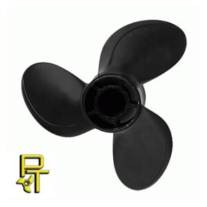 Black three-blade boat propeller on white background.