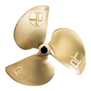 A shiny golden three-blade propeller with engraved markings.