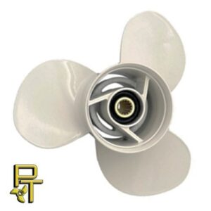 Three-blade boat propeller with metallic finish and central hub.