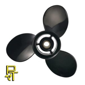 Black three-blade boat propeller with a central hub.
