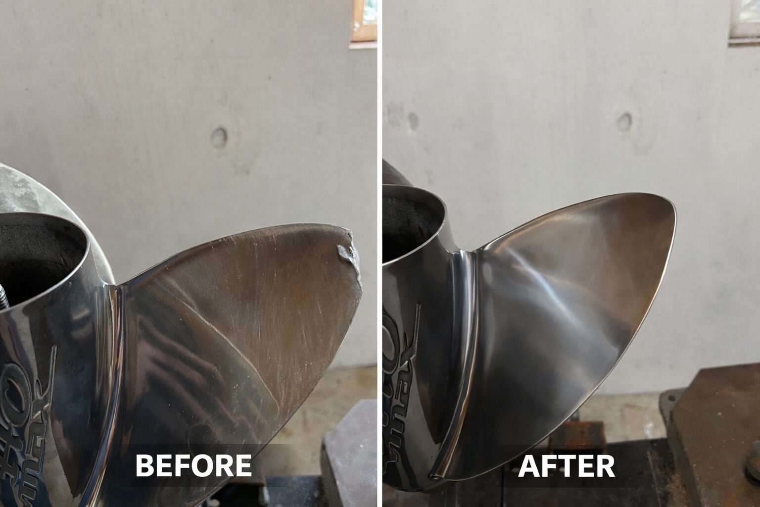Before and after polishing a metal propeller showing a shiny transformation.